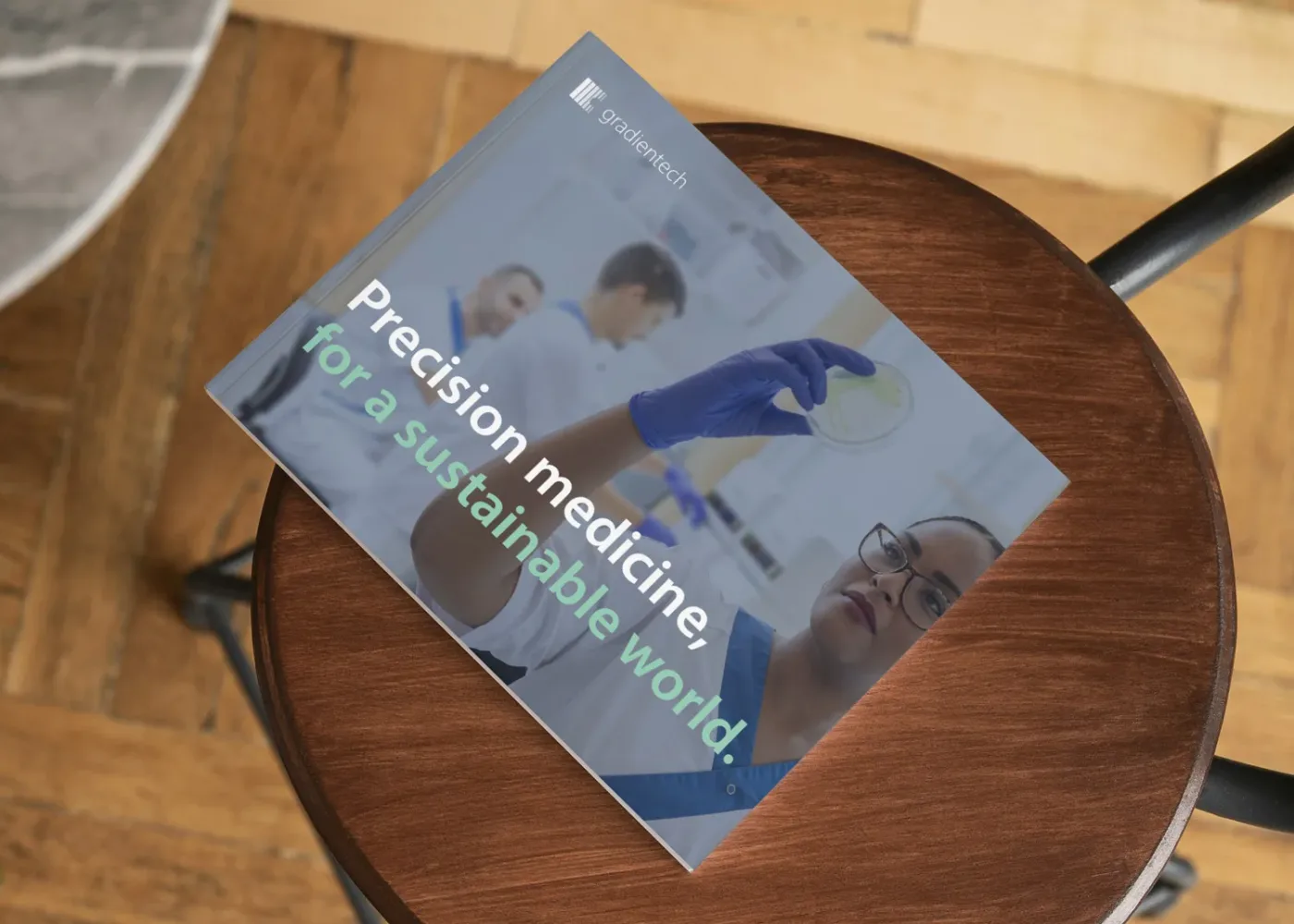 En broschyr med titeln Precision medicine, for a sustainable world med en bild av en forskare som håller i en petriskål, placerad på en trästol. Golvet har ett trä- och stenmönster i bakgrunden.