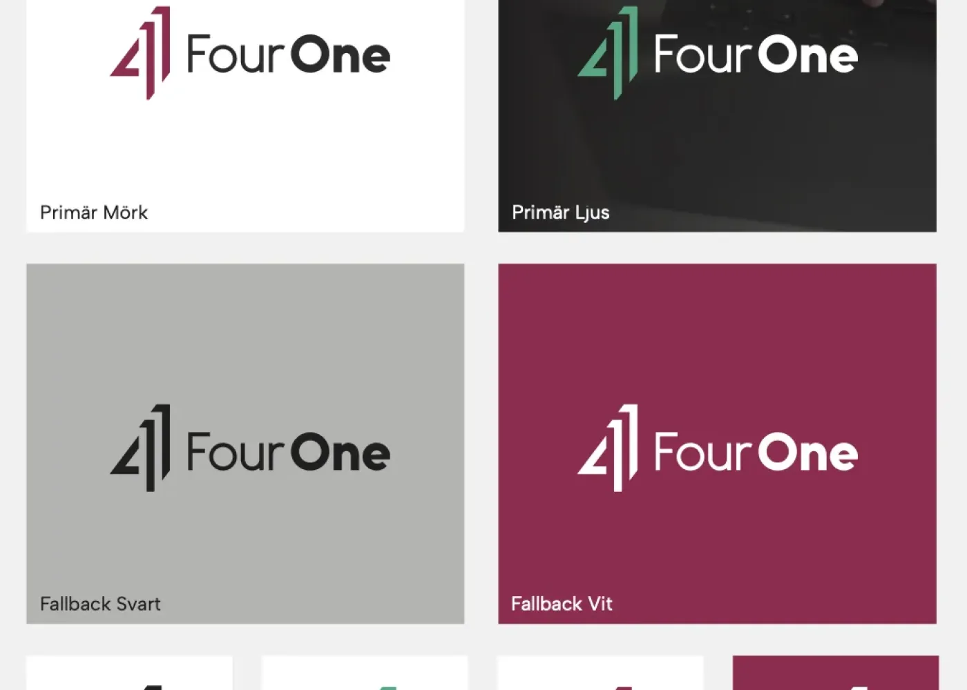 En logotypdesign för FourOne visas i olika färgscheman: mörka, ljusa, svarta, vita, gröna och vinröda bakgrunder, var och en med en stiliserad 41-symbol och texten FourOne bredvid den.