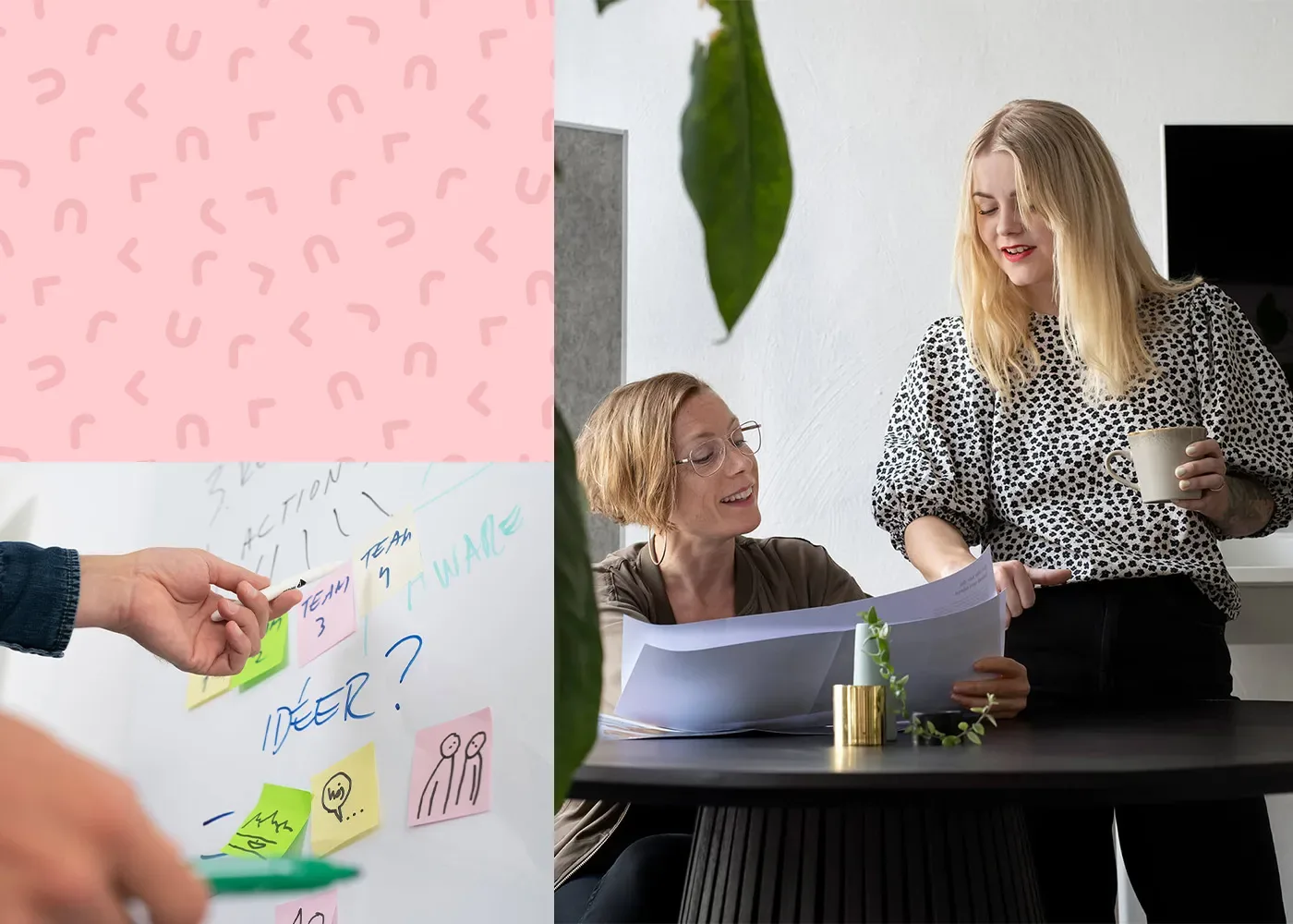 Två kvinnor sitter vid ett bord och granskar papper. Den ena håller i en kaffemugg, den andra sitter med dokument. I närheten placerar en hand klisterlappar på en whiteboardtavla. En rosa mönstrad bakgrund syns också.