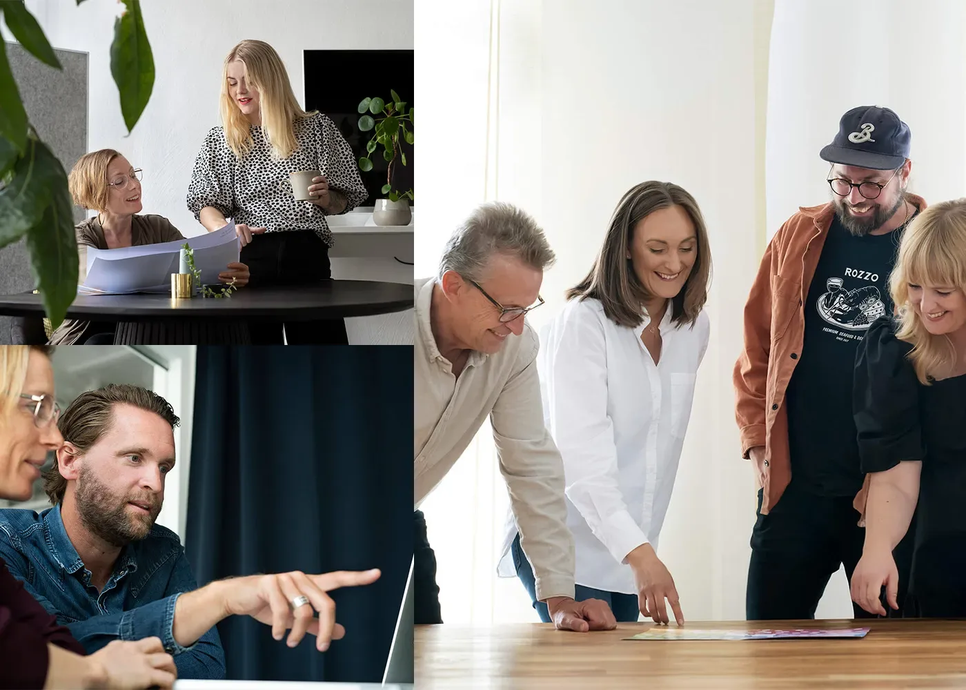 Ett collage som visar tre grupper av människor som samarbetar: två kvinnor som granskar artiklar, tre personer som ler och pekar vid ett bord, och två personer som diskuterar något medan den ena gestikulerar mot en skärm.