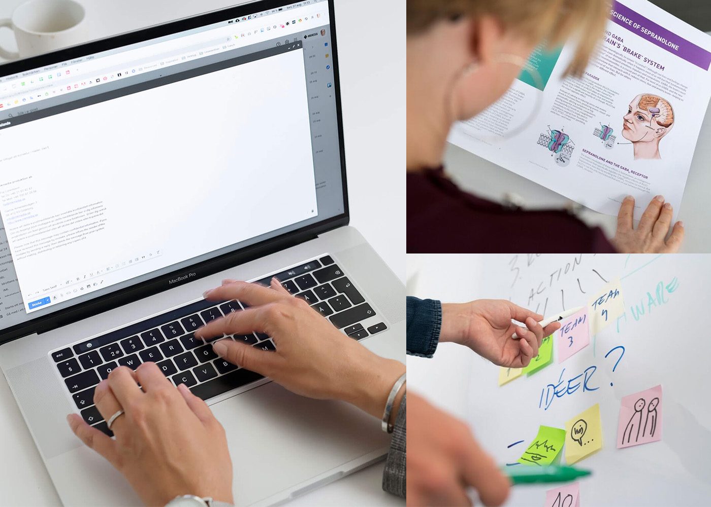 Ett collage som visar: händer som skriver på en bärbar dator, en person som läser ett vetenskapligt diagram om hjärnan och en person som placerar färgglada klisterlappar med skisser och text på en whiteboard.