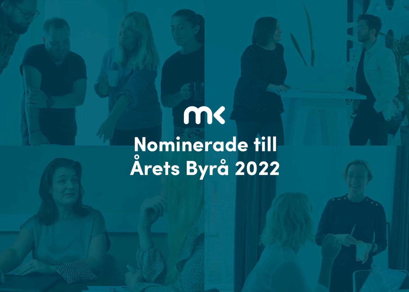 En grafik med fyra foton av människor som samarbetar på ett kontor, överlagrad av MK:s logotyp och den svenska texten 