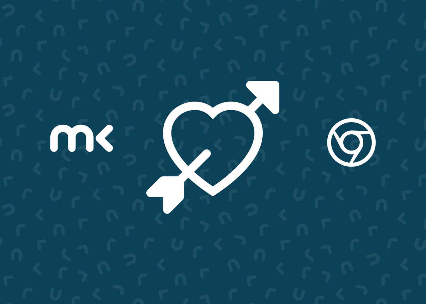 Vitt hjärta med en pil genom sig, flankerat av två minimalistiska logotyper på en mörk teal bakgrund med ett subtilt böjt linjemönster.