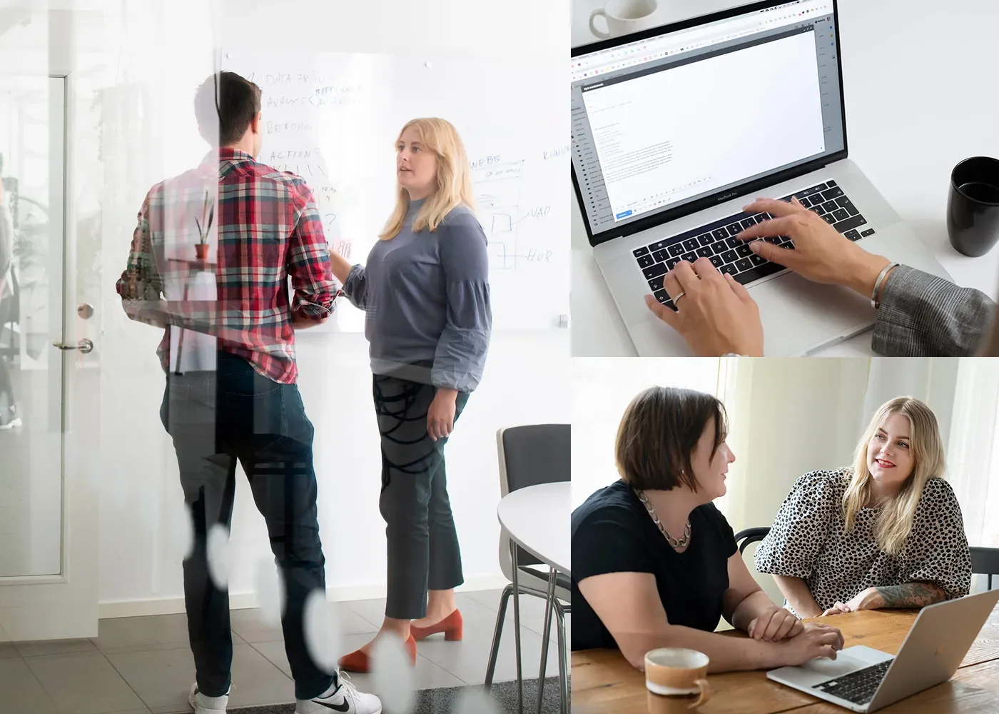 Ett collage som visar: två personer som skriver på en whiteboard, händer som skriver på en bärbar dator och två personer som diskuterar vid ett bord med kaffekoppar.