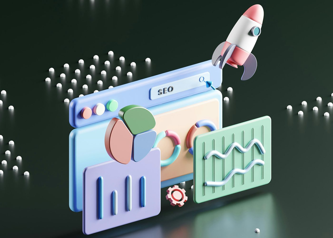 3D-illustration av ett webbläsarfönster med färgglada SEO-diagram och grafer, en kugghjulsikon och en raket som skjuts uppåt, som symboliserar webbplatstillväxt och digital framgång, på en mörk bakgrund med spridda vita sfärer.