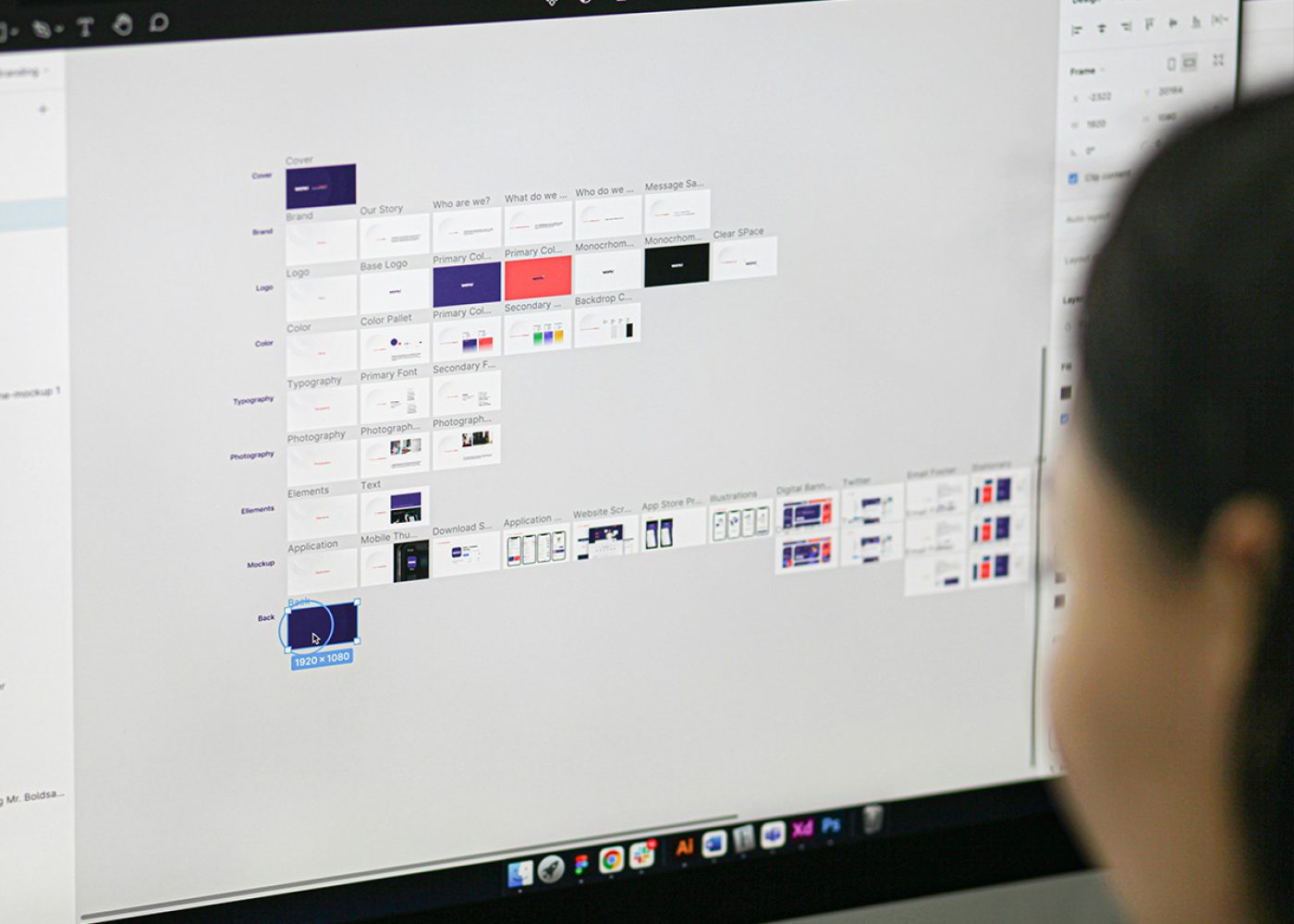 En person tittar på en datorskärm som visar en detaljerad layout för ett designprojekt med flera miniatyrbilder och diagram ordnade i rader och kolumner. Verktyg för designprogramvara är synliga runt arbetsytan.