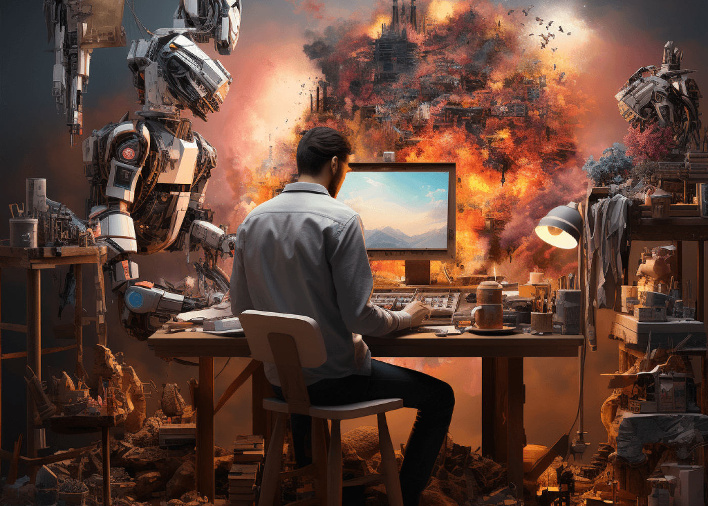 En man sitter vid ett rörigt skrivbord och använder en dator, omgiven av robotar och kreativa material, medan en dramatisk explosion av eldiga, industriella bilder utbryter bakom honom och blandar verklighet med fantasi.
