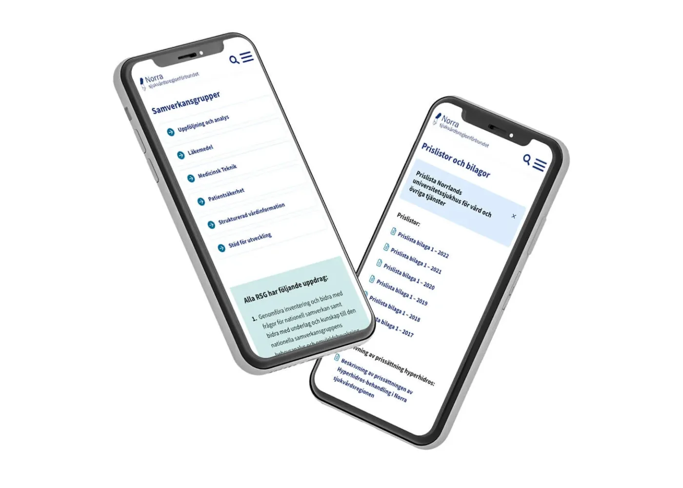 Två smartphones visar svenskspråkiga webbsidor med navigationsmenyer och länklistor, presenterade på vita skärmar med ljusblå och svart text. Telefonerna är vinklade och svävar mot en vit bakgrund.