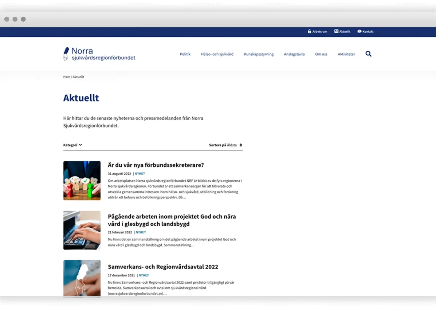 En webbsida från Norra Sjukvårdsregionförbundet som visar nyhetsartiklar. Sidans rubrik lyder Aktuellt med en lista över nyheter, var och en med en liten bild, titel och kort sammanfattning på svenska.