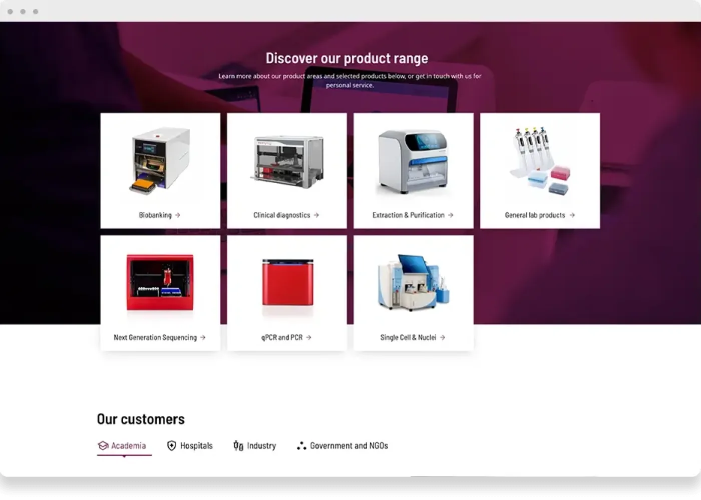 En webbsida visar en mängd olika produktkategorier för laboratorieutrustning, med bilder och etiketter som Biobanking, Clinical diagnostics, Extraction & Purification, General lab products, Sequencing, qPCR and PCR, och Single Cell & Nuclei.
