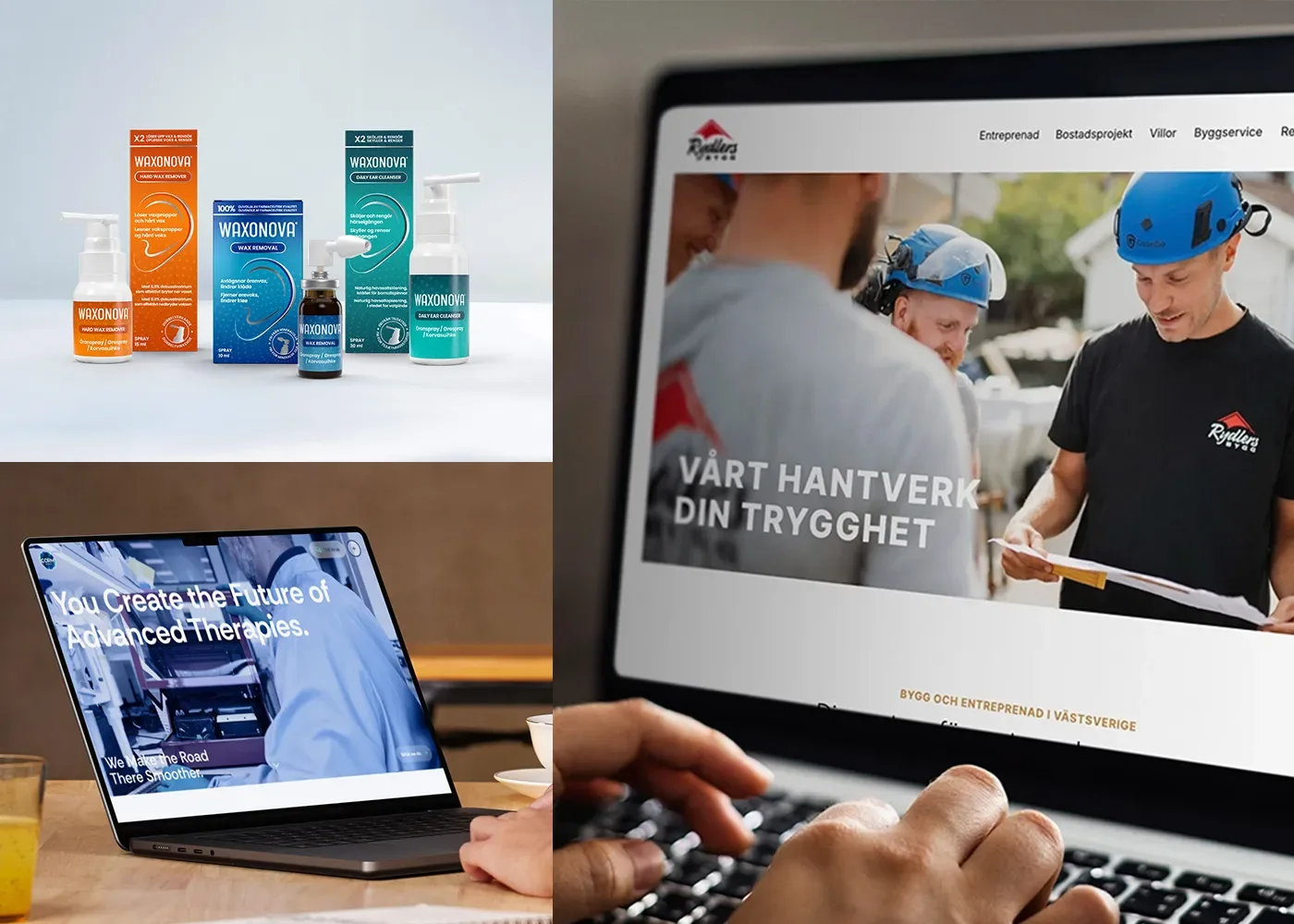 Ett collage av tre bilder: hudvårdsprodukter på en vit yta, en närbild av en laptop som visar en webbplats om avancerade terapier och en annan laptop som visar en webbplats med byggtema på svenska.